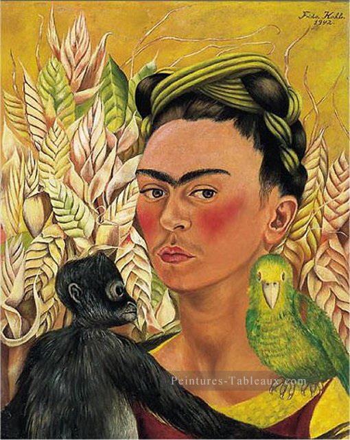 Autoportrait avec féminisme singe et perroquet Frida Kahlo Peintures à l'huile